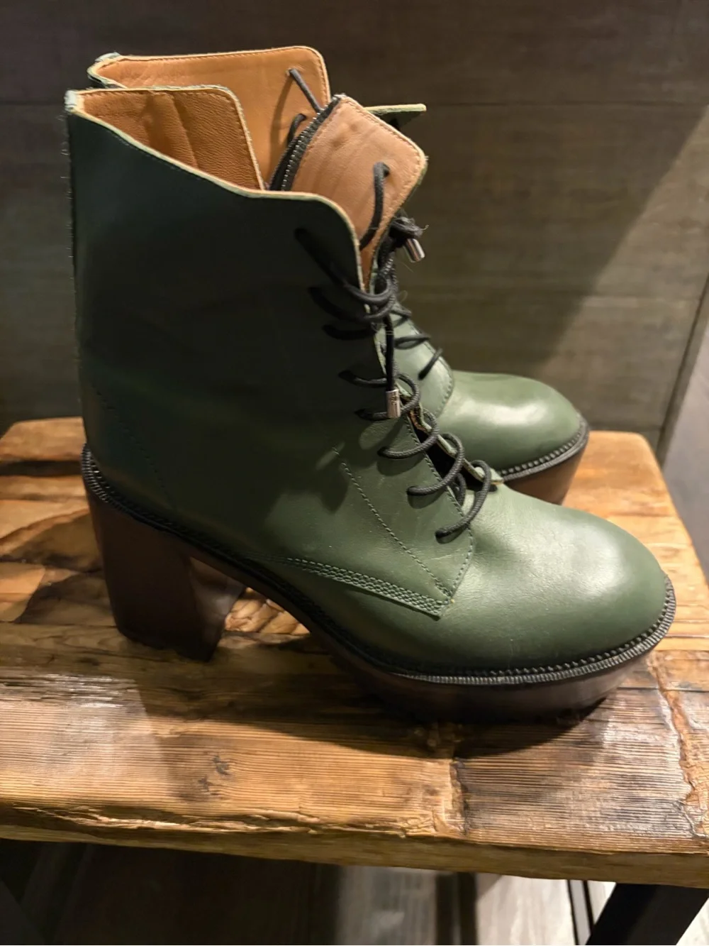 Free people Women's Green Leather Lace-Up Block Heel Boots